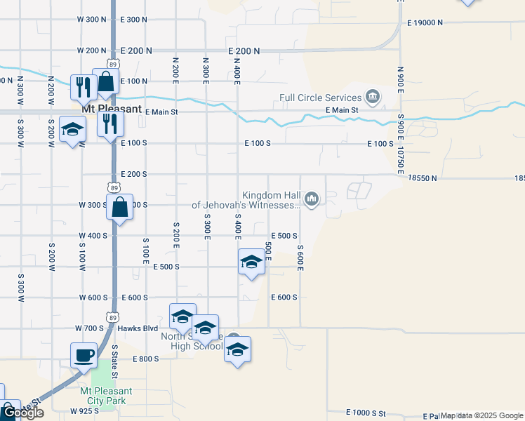 map of restaurants, bars, coffee shops, grocery stores, and more near 320 South 500 East Street in Mount Pleasant