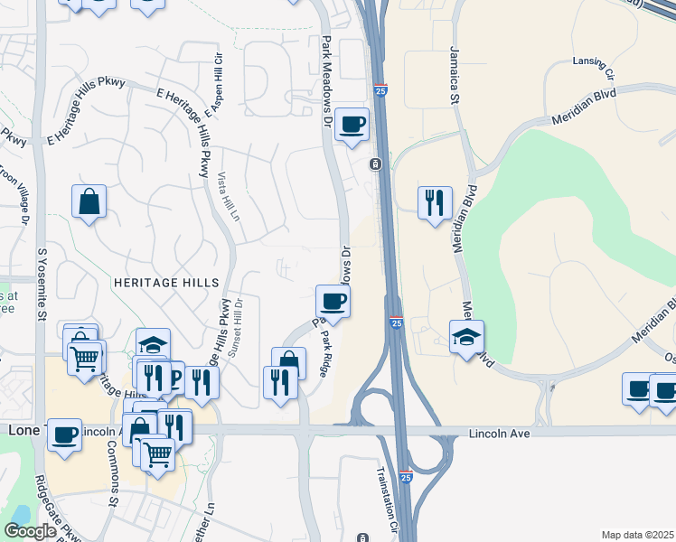 map of restaurants, bars, coffee shops, grocery stores, and more near 10345 Park Meadows Drive in Lone Tree