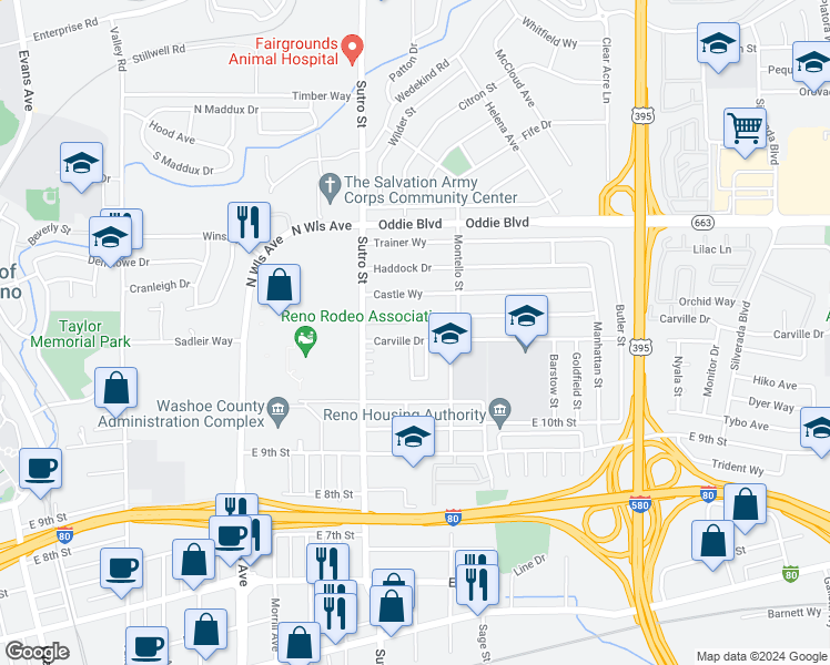 map of restaurants, bars, coffee shops, grocery stores, and more near 1250 Arnold Drive in Reno