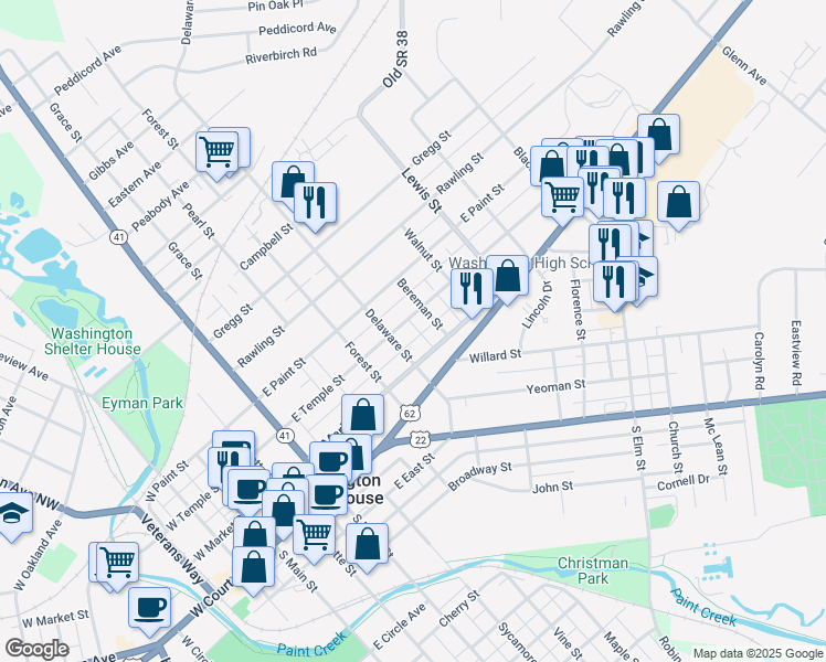 map of restaurants, bars, coffee shops, grocery stores, and more near 708 East Market Street in Washington Court House