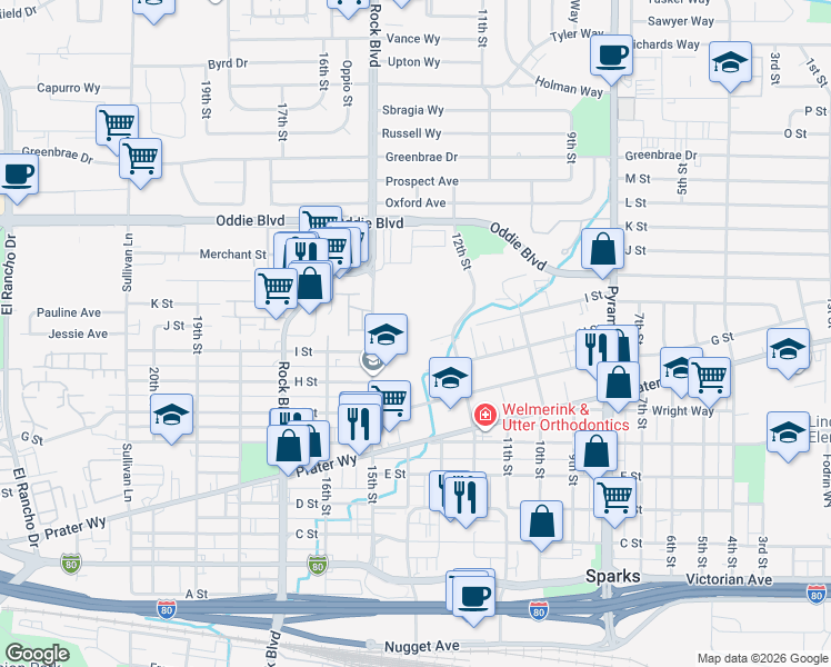 map of restaurants, bars, coffee shops, grocery stores, and more near 1330 I Street in Sparks