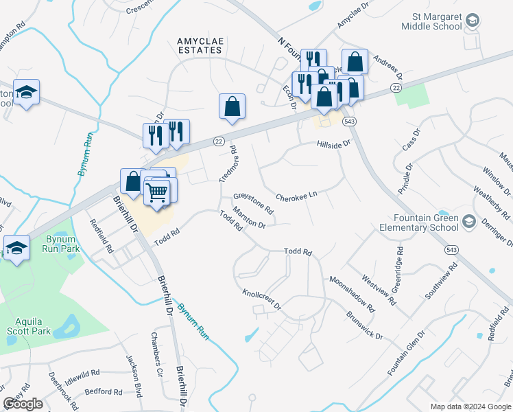 map of restaurants, bars, coffee shops, grocery stores, and more near 1213 Greystone Road in Bel Air