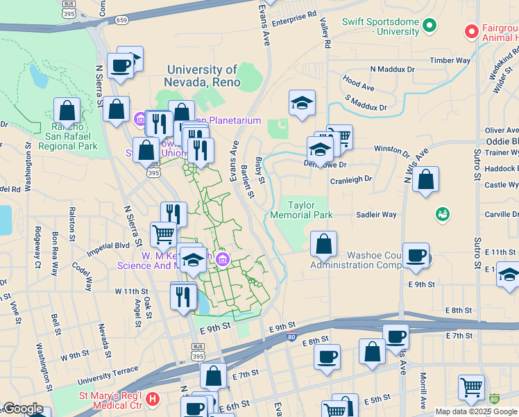 map of restaurants, bars, coffee shops, grocery stores, and more near 1190 Evans Avenue in Reno