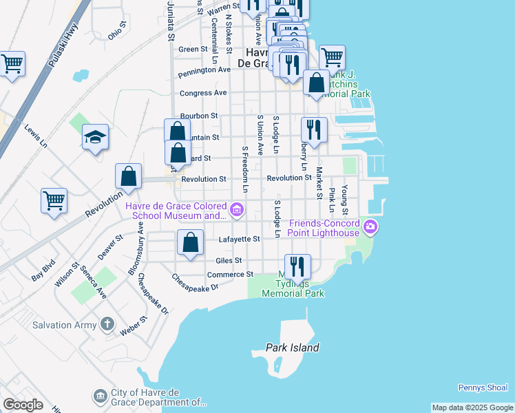 map of restaurants, bars, coffee shops, grocery stores, and more near 608 South Union Avenue in Havre de Grace