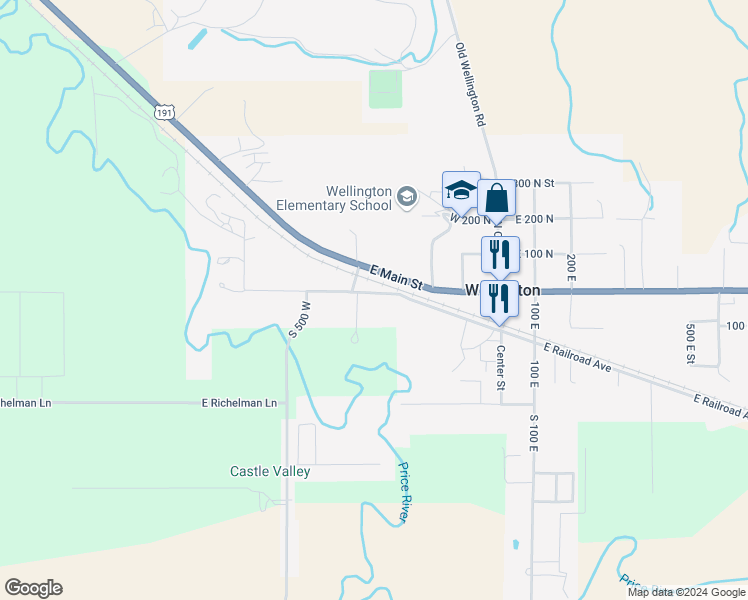 map of restaurants, bars, coffee shops, grocery stores, and more near 375 West Main Street in Wellington