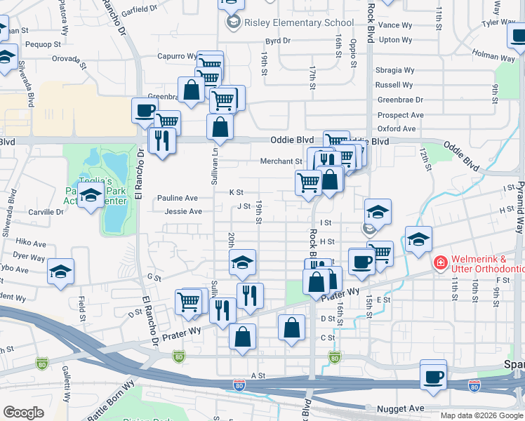 map of restaurants, bars, coffee shops, grocery stores, and more near 933 19th Street in Sparks