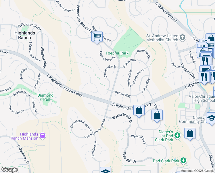 map of restaurants, bars, coffee shops, grocery stores, and more near 9550 Chesapeake Street in Littleton
