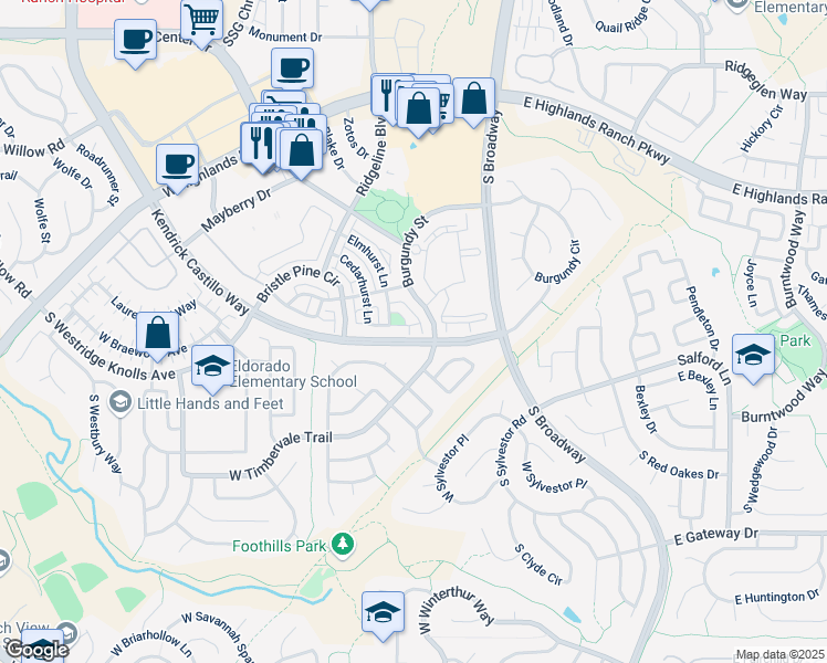 map of restaurants, bars, coffee shops, grocery stores, and more near 9721 Burberry Way in Littleton