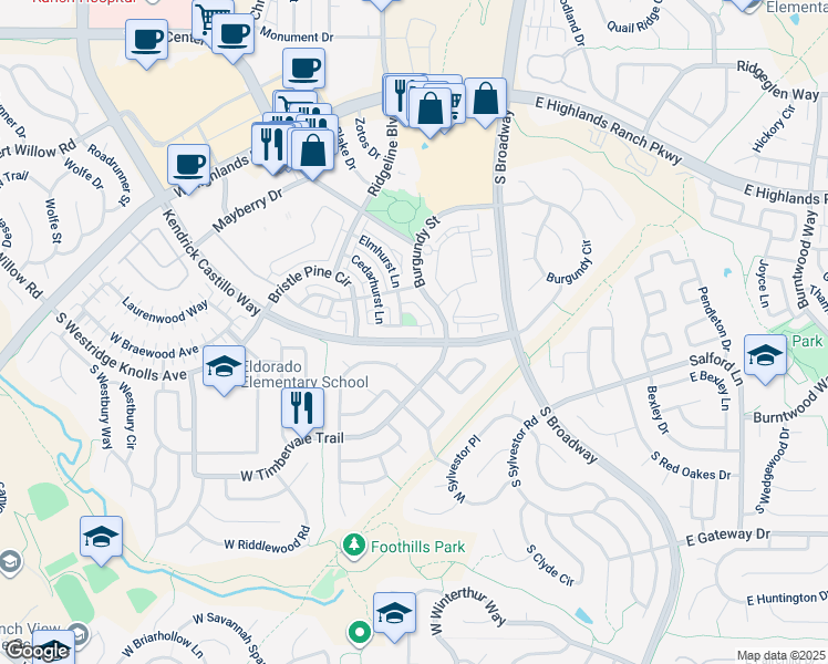 map of restaurants, bars, coffee shops, grocery stores, and more near 9721 Burberry Way in Littleton