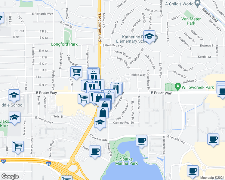 map of restaurants, bars, coffee shops, grocery stores, and more near 590 Howard Drive in Sparks
