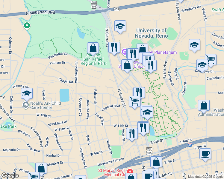 map of restaurants, bars, coffee shops, grocery stores, and more near 1330 Buena Vista Avenue in Reno