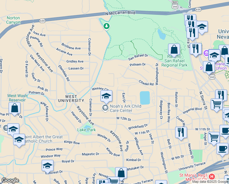 map of restaurants, bars, coffee shops, grocery stores, and more near 1370 Alturas Avenue in Reno