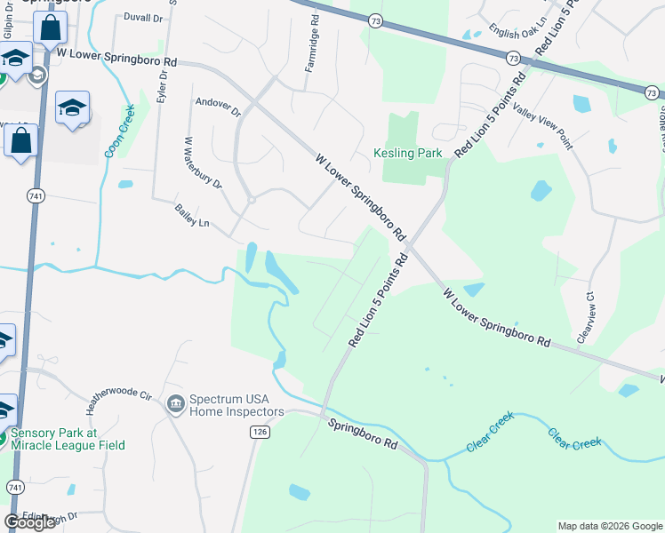 map of restaurants, bars, coffee shops, grocery stores, and more near 6821 Red Lion 5 Points Road in Springboro