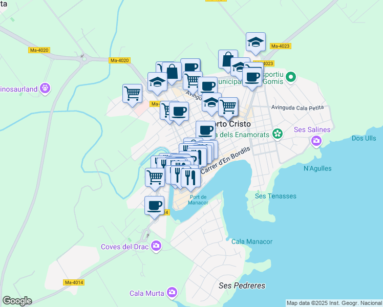 map of restaurants, bars, coffee shops, grocery stores, and more near 12 Carrer d'en Sanglada in Porto Cristo