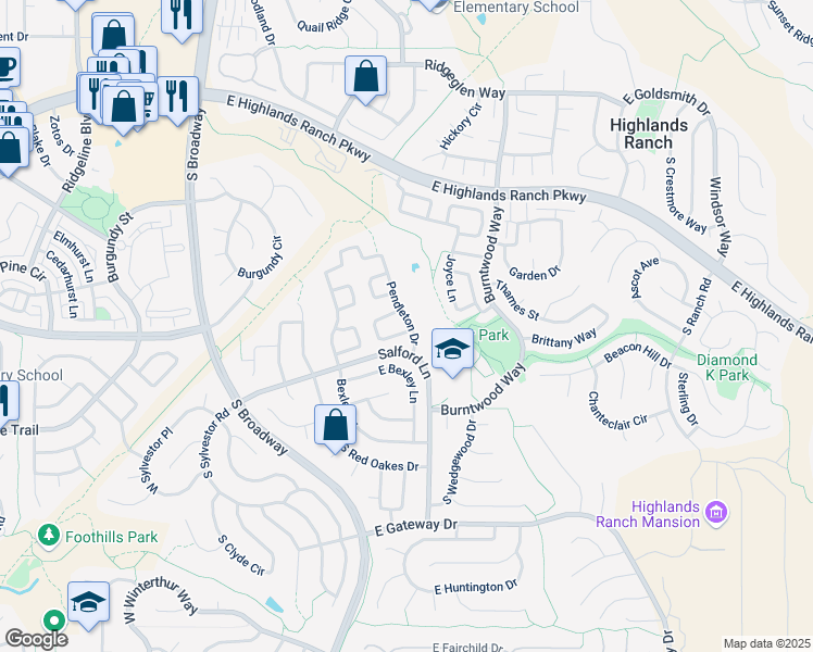 map of restaurants, bars, coffee shops, grocery stores, and more near 9647 Pendleton Drive in Littleton