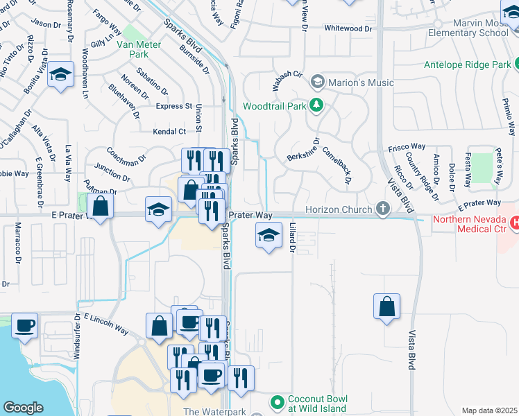 map of restaurants, bars, coffee shops, grocery stores, and more near 1625 East Prater Way in Sparks