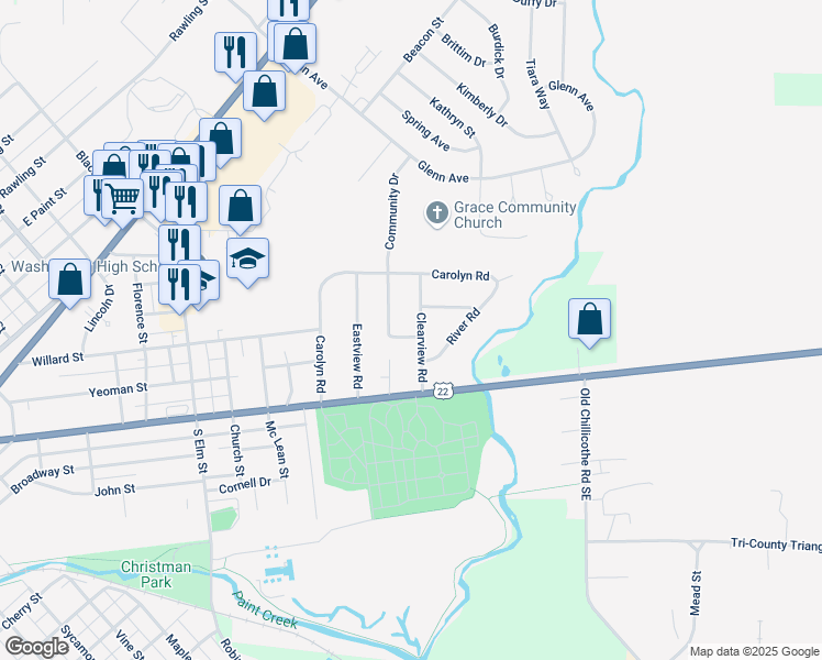 map of restaurants, bars, coffee shops, grocery stores, and more near 138 Laurel Road in Washington Court House