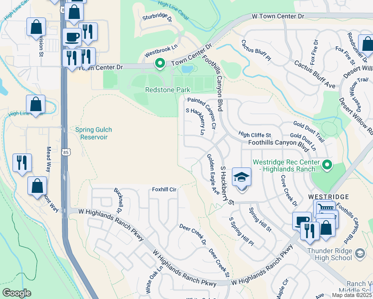 map of restaurants, bars, coffee shops, grocery stores, and more near 9555 Golden Eagle Place in Littleton