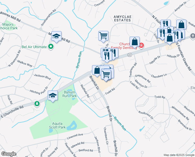 map of restaurants, bars, coffee shops, grocery stores, and more near 1009 East Churchville Road in Bel Air