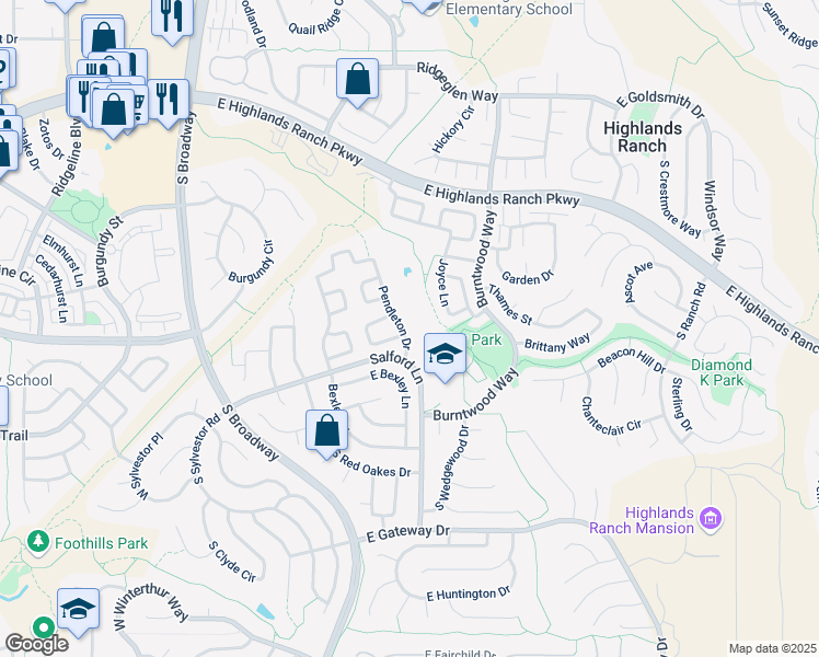 map of restaurants, bars, coffee shops, grocery stores, and more near 9600 Pendleton Drive in Littleton