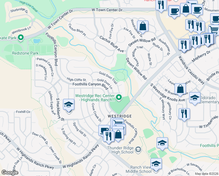 map of restaurants, bars, coffee shops, grocery stores, and more near 2202 Gold Dust Trail in Littleton