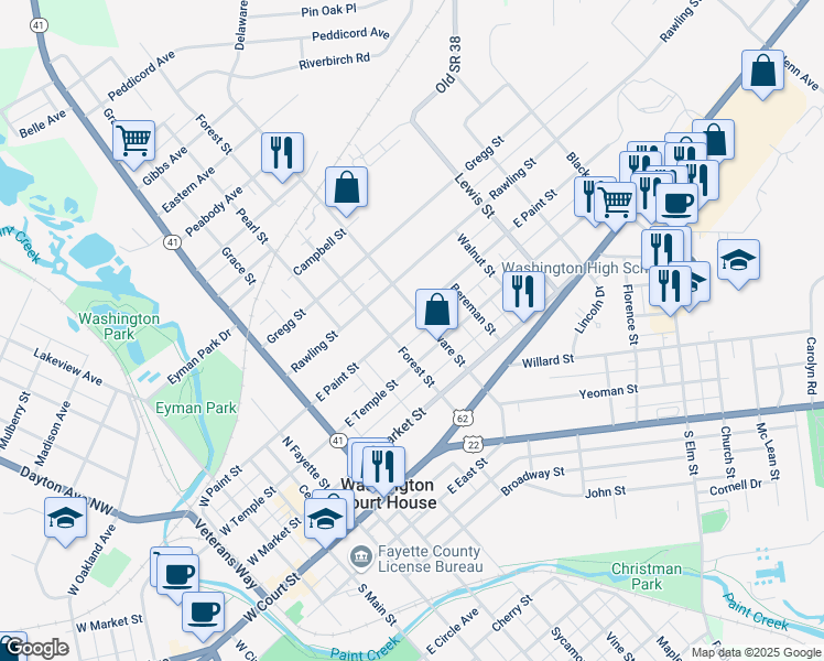 map of restaurants, bars, coffee shops, grocery stores, and more near 717 East Paint Street in Washington Court House