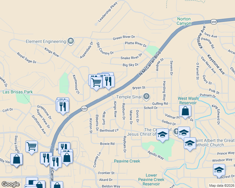 map of restaurants, bars, coffee shops, grocery stores, and more near 3220 Coronado Way in Reno