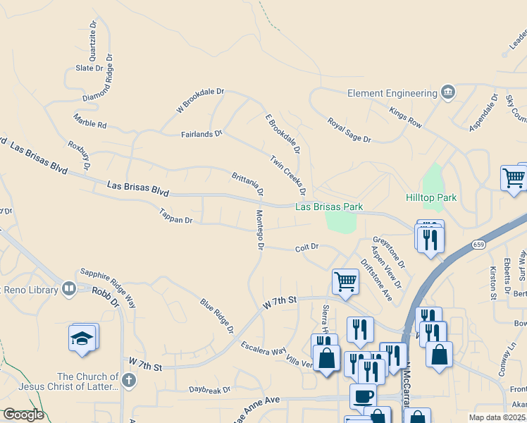 map of restaurants, bars, coffee shops, grocery stores, and more near 2788 Montego Drive in Reno