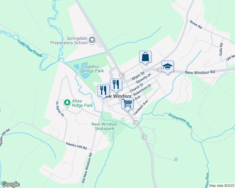 map of restaurants, bars, coffee shops, grocery stores, and more near in New Windsor