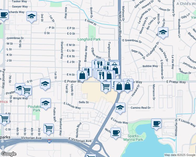 map of restaurants, bars, coffee shops, grocery stores, and more near 516 East Prater Way in Sparks