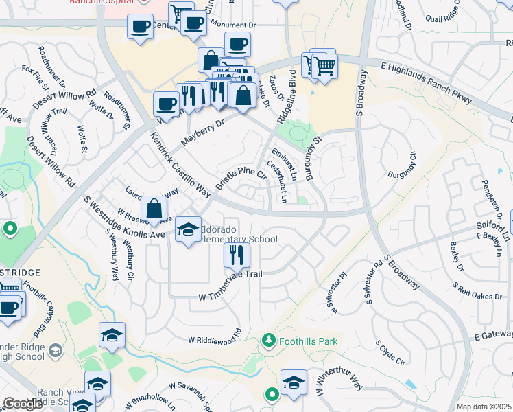 map of restaurants, bars, coffee shops, grocery stores, and more near 781 Rockhurst Drive in Highlands Ranch