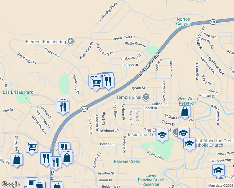 map of restaurants, bars, coffee shops, grocery stores, and more near 3220 Coronado Way in Reno