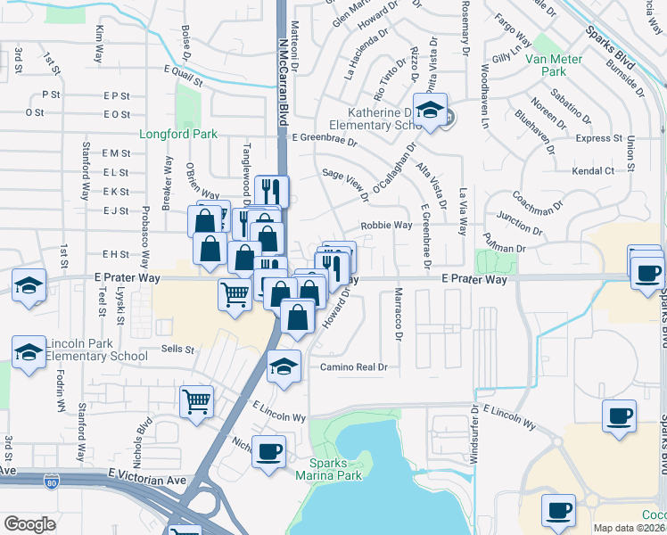 map of restaurants, bars, coffee shops, grocery stores, and more near 949 Woodside Drive in Sparks