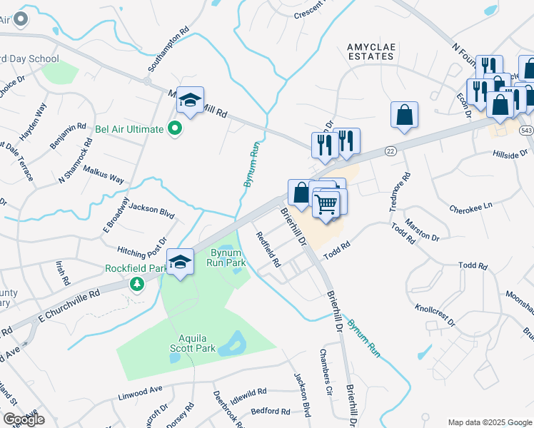 map of restaurants, bars, coffee shops, grocery stores, and more near Sablewood Road in Bel Air