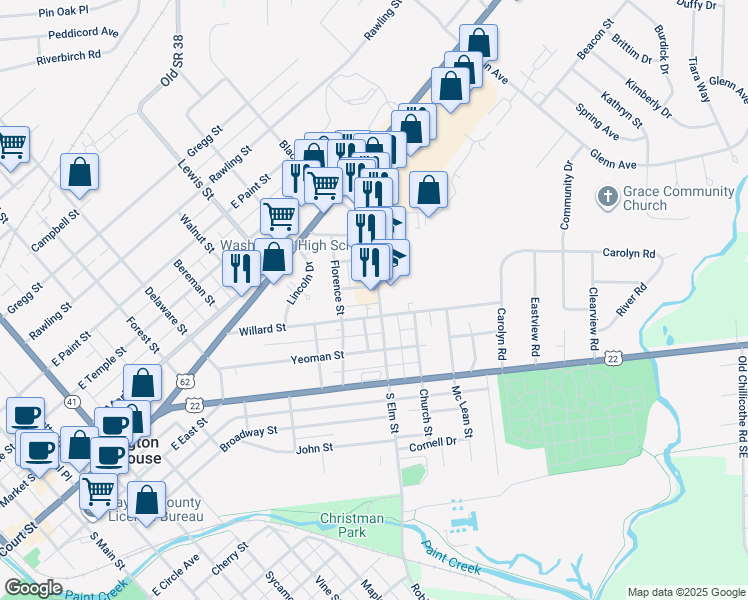 map of restaurants, bars, coffee shops, grocery stores, and more near 501 South Elm Street in Washington Court House