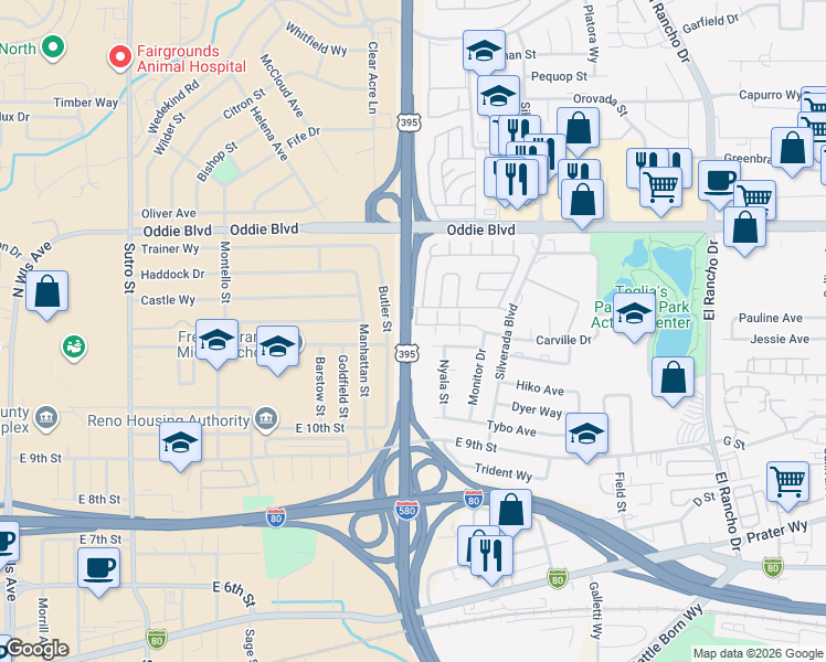 map of restaurants, bars, coffee shops, grocery stores, and more near 2105 Carville Drive in Reno