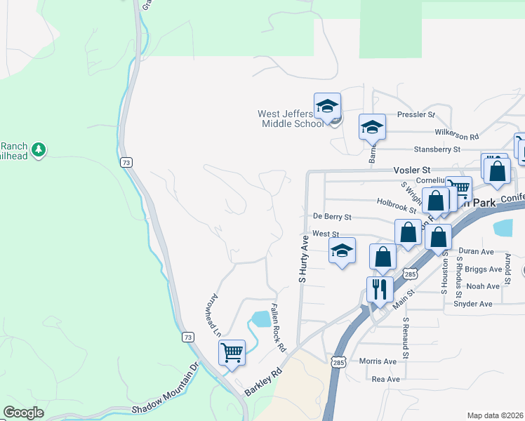 map of restaurants, bars, coffee shops, grocery stores, and more near 9239 Fallen Rock Road in Conifer