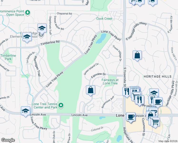 map of restaurants, bars, coffee shops, grocery stores, and more near 8425 Green Island Circle in Lone Tree