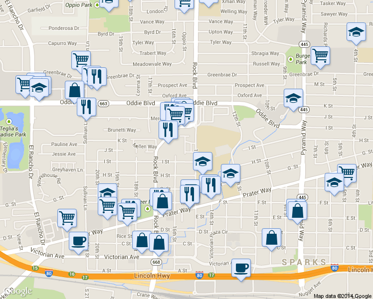 map of restaurants, bars, coffee shops, grocery stores, and more near 974 Adrian Way in Sparks