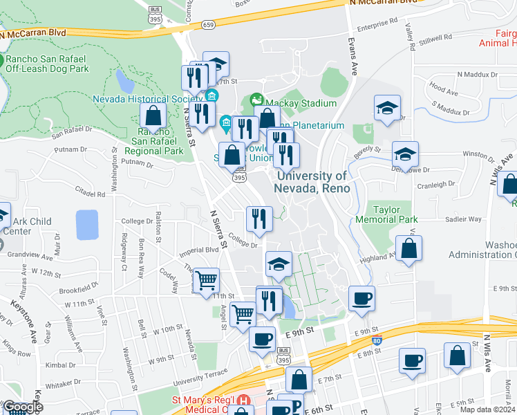 map of restaurants, bars, coffee shops, grocery stores, and more near 1430 North Virginia Street in Reno
