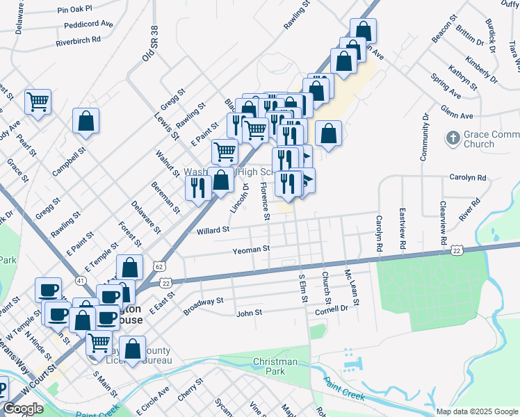map of restaurants, bars, coffee shops, grocery stores, and more near 317 Florence Street in Washington Court House