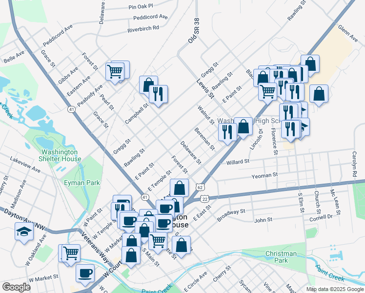 map of restaurants, bars, coffee shops, grocery stores, and more near 717 East Paint Street in Washington Court House