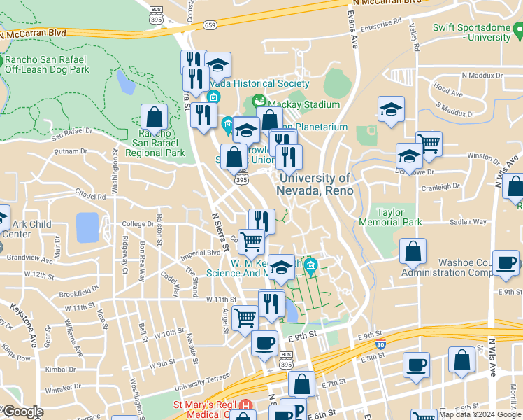 map of restaurants, bars, coffee shops, grocery stores, and more near 1413 North Virginia Street in Reno