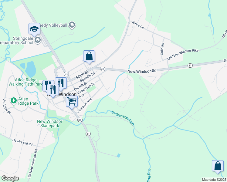 map of restaurants, bars, coffee shops, grocery stores, and more near 406 Hillside Drive in New Windsor