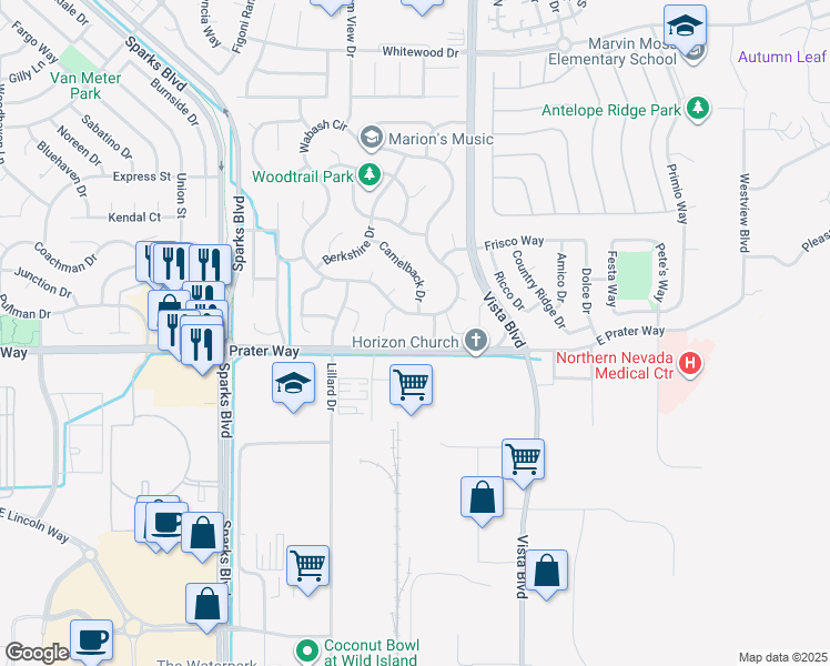 map of restaurants, bars, coffee shops, grocery stores, and more near 1900 East Prater Way in Sparks