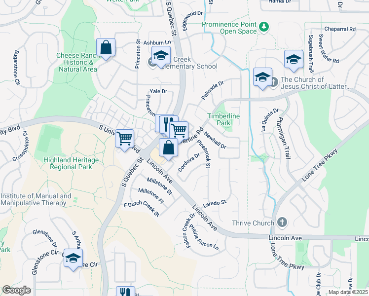 map of restaurants, bars, coffee shops, grocery stores, and more near 9569 Brentford Drive in Littleton