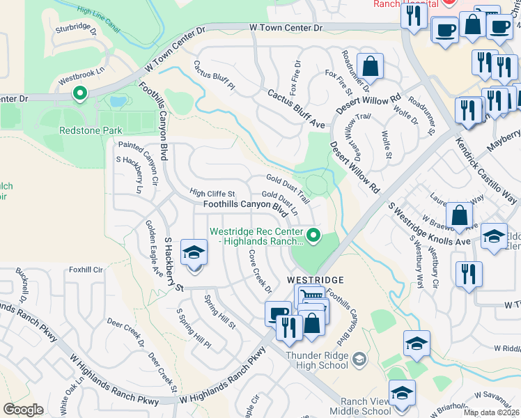 map of restaurants, bars, coffee shops, grocery stores, and more near 2298 Gold Dust Lane in Highlands Ranch