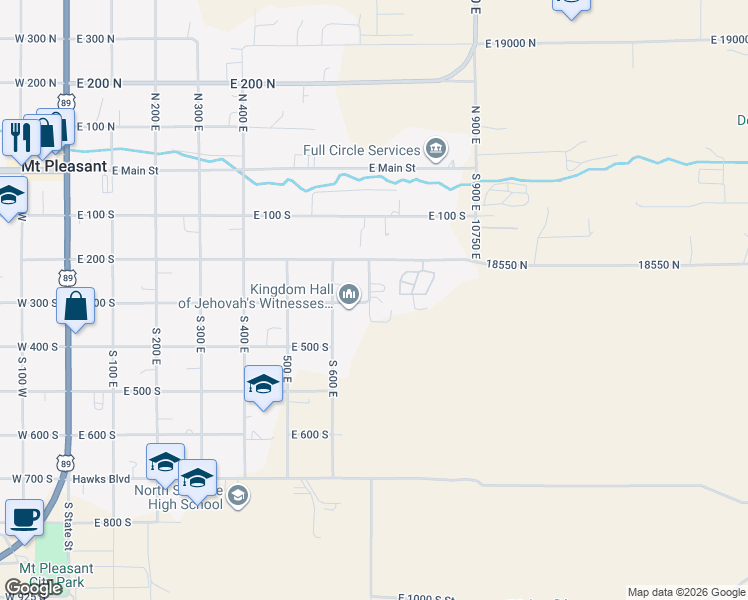 map of restaurants, bars, coffee shops, grocery stores, and more near 295 South 700 East in Mount Pleasant