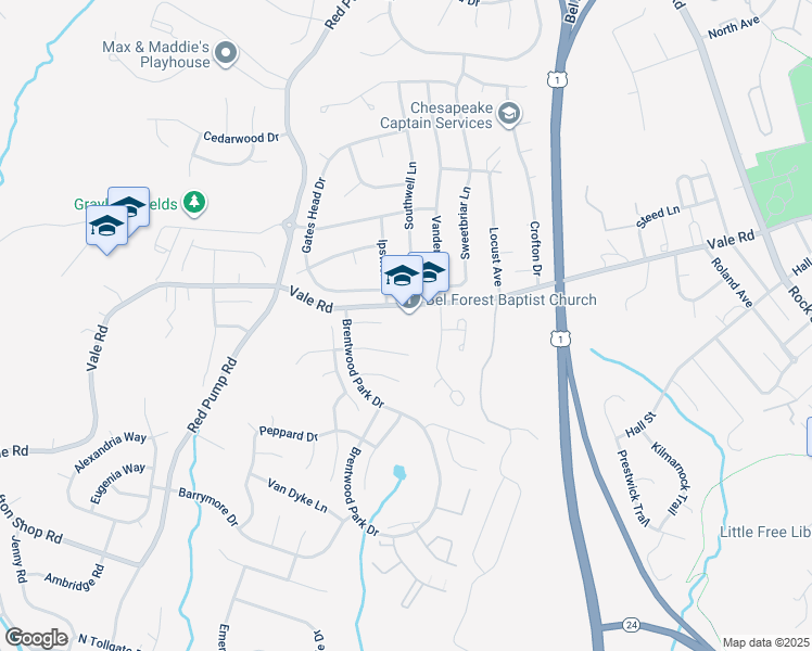 map of restaurants, bars, coffee shops, grocery stores, and more near 603 Vale Road in Bel Air
