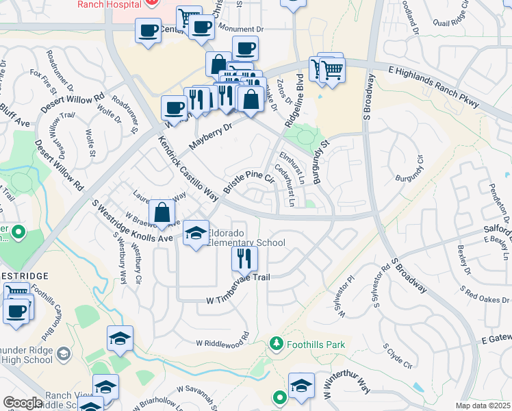 map of restaurants, bars, coffee shops, grocery stores, and more near 781 Rockhurst Drive in Highlands Ranch